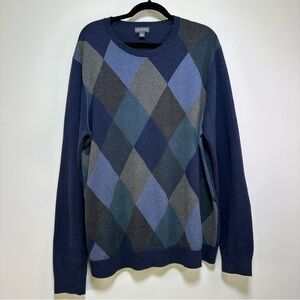 Van Heusen | Men’s Grey and Blue Argyle Long Sleeve Sweater | Checkered Crewneck